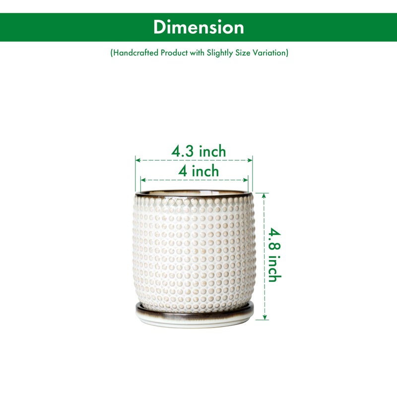 D'vine Dev 4 Inch Ceramic Beaded Stoneware Planter Pot - Flower Pot with Drainage Holes and Saucers for Indoor Succulent Plants or Flowers, Smoked White, 27-C-Z-1 - Image 3